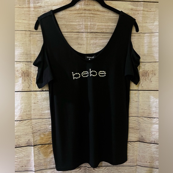 NWT Bebe Black Embellished Cold Shoulder Blouse Size Medium - Picture 3 of 7